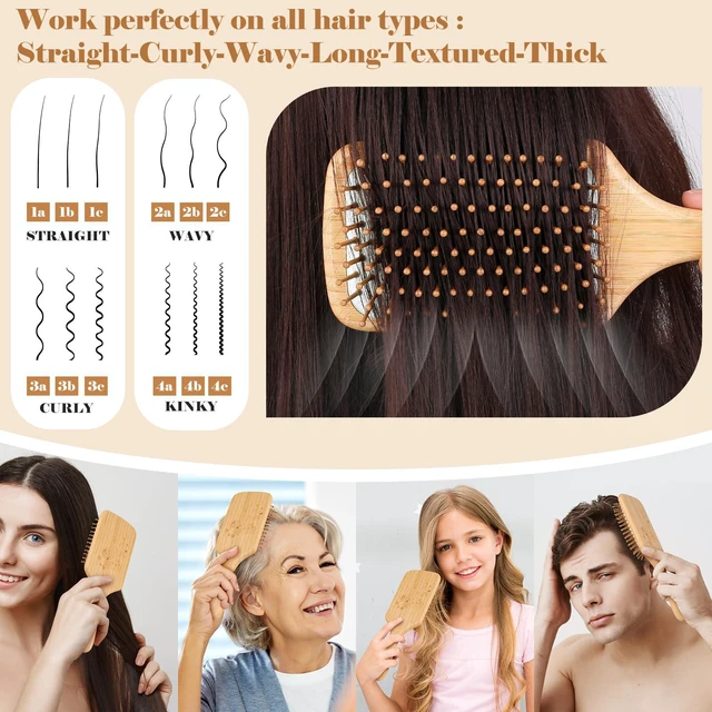 Alt view image 5 of 7 - Bamboo Hair Brush with Tail Comb, Detangling Paddle Brush | Wooden Paddle Brush with Ergonomic Handle for Thick Curly Thin Long Hair,Detangler Brush for Hair Growth and Massage Scalp