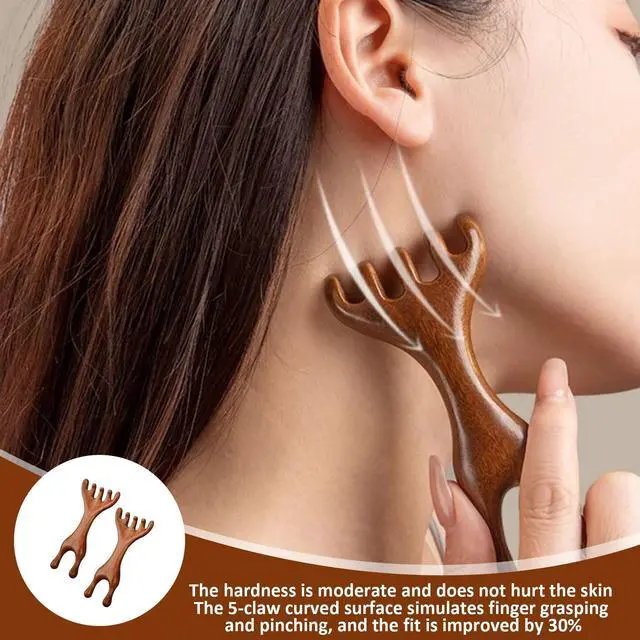 Alt view image 4 of 6 - Scalp Massager Comb 2PCS Wooden | For Head Face Eye Jaw Neck, Gua Sha Therapy Comb with Five-Claw Massage Design, Natural Sandalwood Manual Scalp Massager Tool