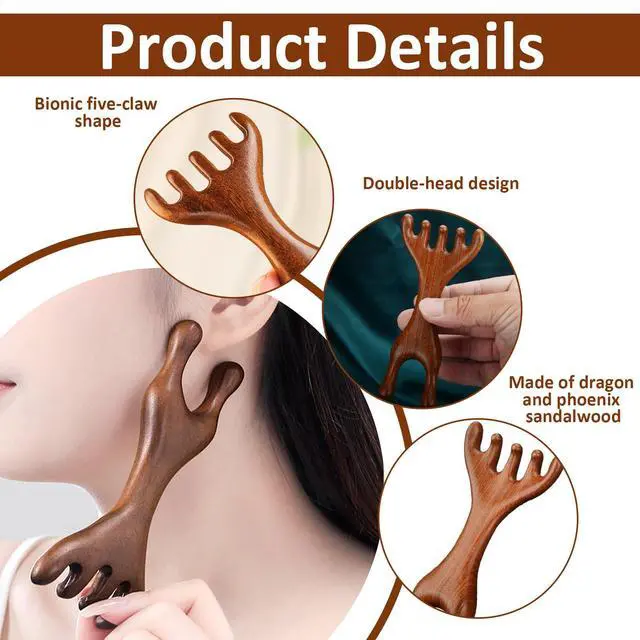 Alt view image 3 of 6 - Scalp Massager Comb 2PCS Wooden | For Head Face Eye Jaw Neck, Gua Sha Therapy Comb with Five-Claw Massage Design, Natural Sandalwood Manual Scalp Massager Tool