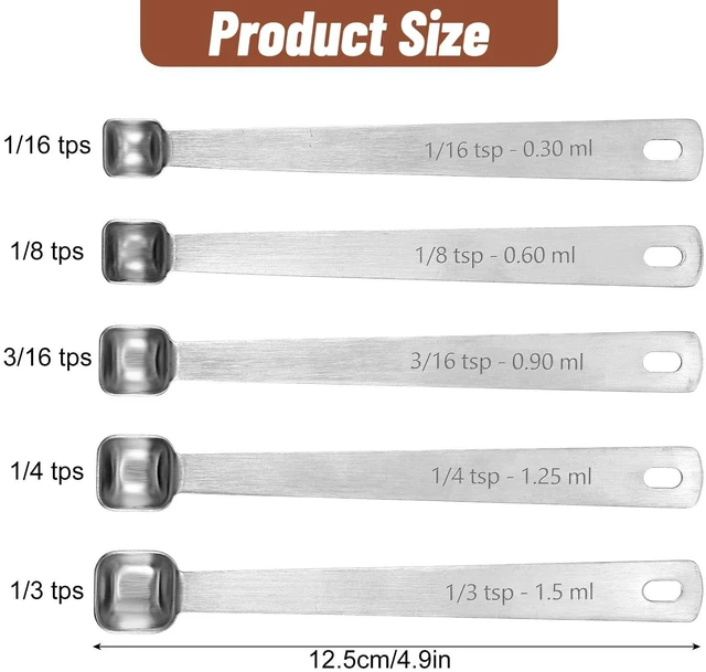 Alt view image 3 of 7 - 5PcsTeaspoon Measuring Spoons, 1/3, 1/4, 1/8, 1/16, 3/16 tsp, Mini Measuring Spoon, Square Bowl Measure Spoon Set, Small Stainless Steel Teaspoon for Measure Small Amount of Dry & Liquid Ingredients