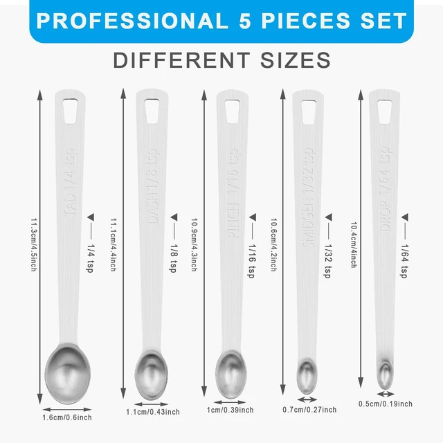 Alt view image 2 of 7 - 5pcs Mini Measuring Spoon Set, Heavy Duty Stainless Steel | Cooking Baking, Tablespoon Teaspoon for Dry or Liquid Ingredients, Fits in Spice Jar, 1/64 1/32 1/16 1/8 1/4 tsp