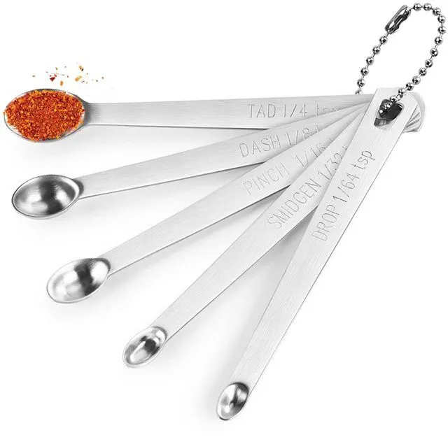 Main image of 5 Pcs Mini Measuring Spoons Set, Stainless Steel, Cute | Small Measuring Spoons, Tad 1/4 tsp, Dash 1/8 tsp, Pinch 1/16 tsp, Smidgen 1/32 tsp, Drop 1/64 tsp