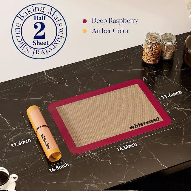 Alt view image 6 of 7 - Silicone Baking Mat, 2 colors Half Sheet(16.5"x11.6") Non-Stick Baking Mat, Food Safe Silicone Mats for Baking Cookies, Macarons, Vegetables, 480 Heat Resistant (Deep Raspberry & Amber) | Baking Mat
