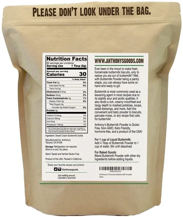 Alt view image 2 of 5 - Anthony's Buttermilk Powder, 1.5 lb, Gluten Free, Non GMO, Hormone Free, Keto Friendly, Product of the USA