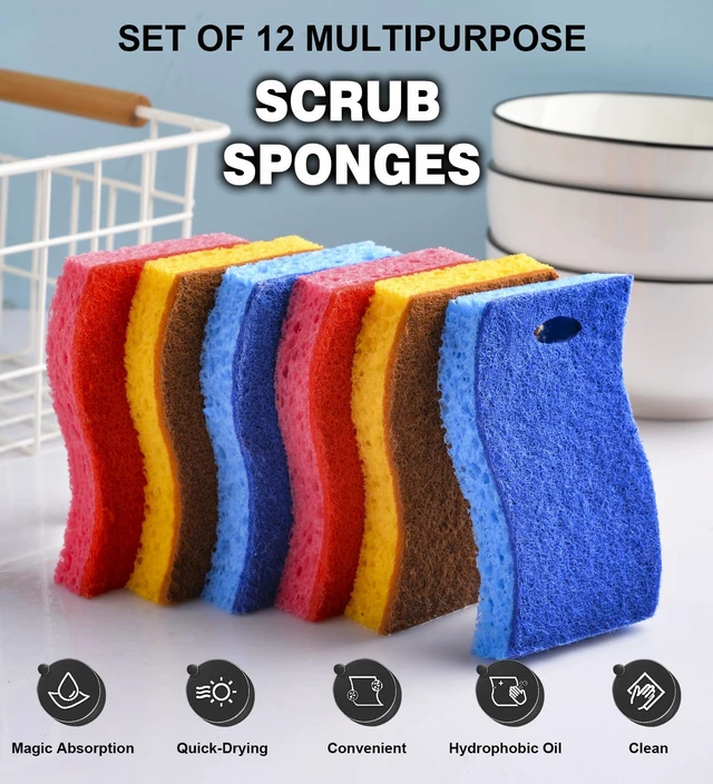 Alt view image 2 of 7 - METUUTER 12-Count Scrub Sponges Kitchen Sponge Heavy Duty, Cellulose Sponges with Scouring Pads Dual-Sided for Kitchen and Household Use (S-Multi)