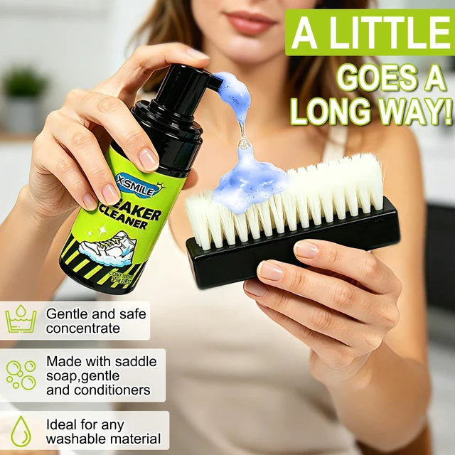 Alt view image 3 of 6 - X-SMILE Sneaker Cleaning Kit Premium Foam Shoe Cleaner for White Shoes, PU & Synthetic Leather, Canvas, Mesh & Rubber Gentle, Non-Bleach Formula with Brush, Microfiber Towel & Cleaning Wipe 100ml