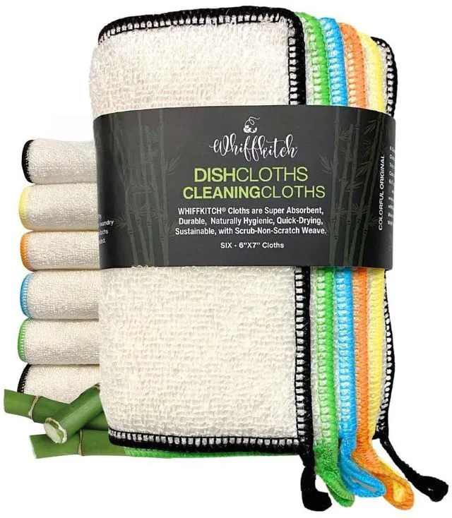 Main image of Dishcloths Kitchen Dishrag Cleaning Scrub Reusable 6pk 6x7in | Bamboo-Rayon, Absorbent, Scrub-Non-Scratch, Washable, Durable, Fast-Drying, Multi-Surface, Hand-Sized, Household Cleaning