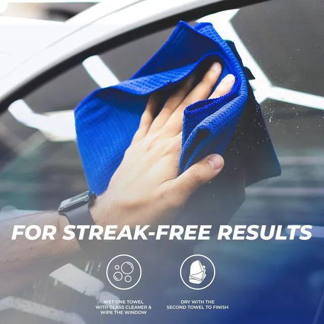 Alt view image 5 of 7 - Standard Waffle Weave Microfiber Towels (2-Pack) Detailing, Window, Glass and Drying, Wax & Polish, Lint-Free, Streak-Free, 370gsm, 16in x 24in, Royal Blue