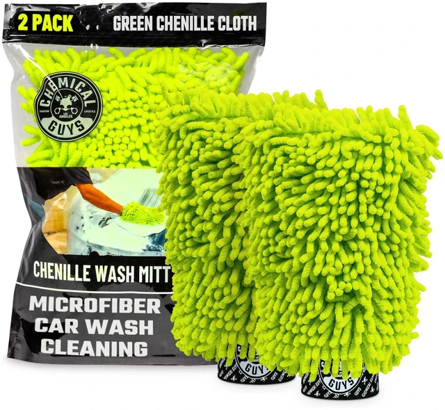 Main image of Chenille Microfiber Wash Mitt for Cars, Scratch-Free, 2 Pack | Ultra-soft lime green chenille holds thick suds and traps grit, gentle on paint, glass and chrome, machine washable