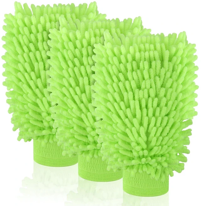 Main image of 3 Pack Chenille Microfiber Car Wash Mitt, 7" x 9.6", Green | Car Washing Mitts, Home Dusting Gloves, Scratch Free Lint-Free, Highly Absorbent, Double Sided, for Cleaning Detailing Polish