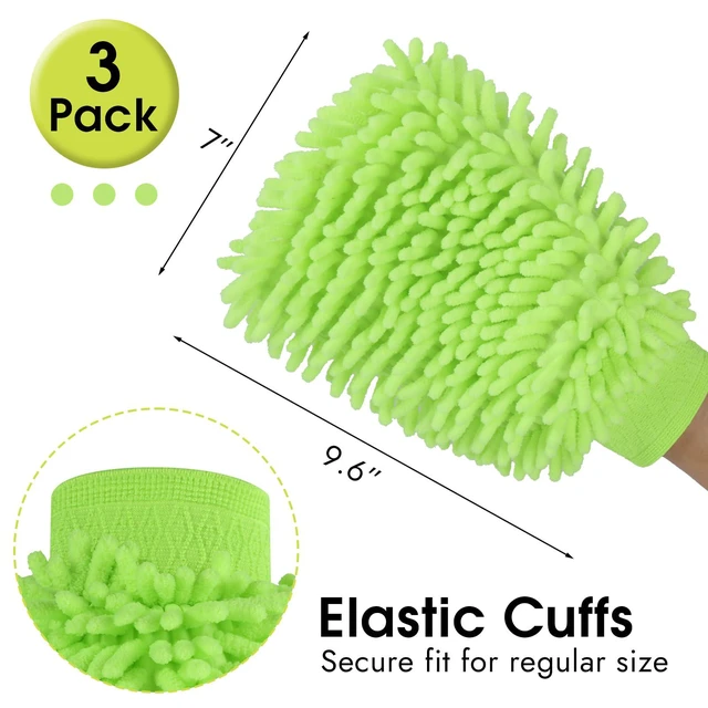 Alt view image 2 of 7 - 3 Pack Chenille Microfiber Car Wash Mitt, 7" x 9.6", Green | Car Washing Mitts, Home Dusting Gloves, Scratch Free Lint-Free, Highly Absorbent, Double Sided, for Cleaning Detailing Polish
