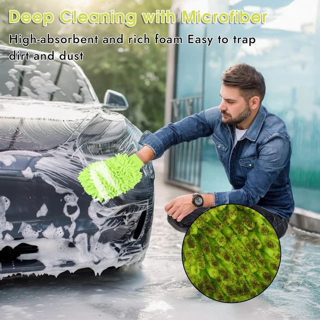 Alt view image 4 of 7 - 3 Pack Chenille Microfiber Car Wash Mitt, 7" x 9.6", Green | Car Washing Mitts, Home Dusting Gloves, Scratch Free Lint-Free, Highly Absorbent, Double Sided, for Cleaning Detailing Polish
