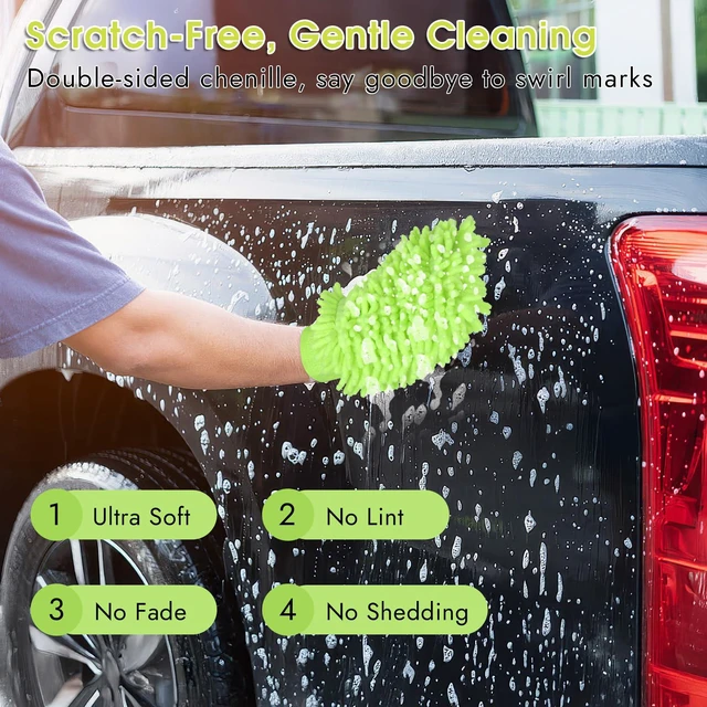 Alt view image 5 of 7 - 3 Pack Chenille Microfiber Car Wash Mitt, 7" x 9.6", Green | Car Washing Mitts, Home Dusting Gloves, Scratch Free Lint-Free, Highly Absorbent, Double Sided, for Cleaning Detailing Polish