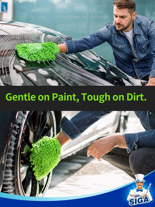 Alt view image 3 of 7 - Microfiber Car Wash Mitt, Chenille Wash Mitt for Car Washing | Super absorbent and scratch free, noodle gloves for lifting dirt from car, pack of 2, green & gray