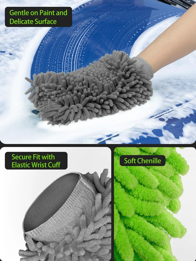 Alt view image 4 of 7 - Microfiber Car Wash Mitt, Chenille Wash Mitt for Car Washing | Super absorbent and scratch free, noodle gloves for lifting dirt from car, pack of 2, green & gray
