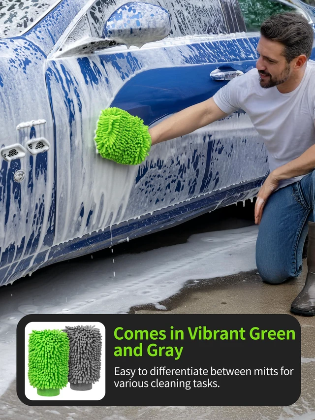 Alt view image 6 of 7 - Microfiber Car Wash Mitt, Chenille Wash Mitt for Car Washing | Super absorbent and scratch free, noodle gloves for lifting dirt from car, pack of 2, green & gray