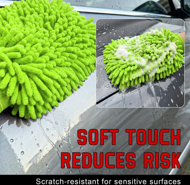 Alt view image 4 of 6 - Car Wash Mitt, Scratch-Free & Lint-Free Chenille Microfiber Wash Mitts, Highly Absorbent Double-Sided Glove for Auto Washing and Detailing, Universal Car Accessories (Fluorescent Green)