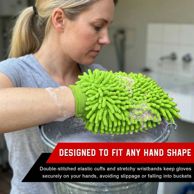 Alt view image 5 of 6 - Car Wash Mitt, Scratch-Free & Lint-Free Chenille Microfiber Wash Mitts, Highly Absorbent Double-Sided Glove for Auto Washing and Detailing, Universal Car Accessories (Fluorescent Green)