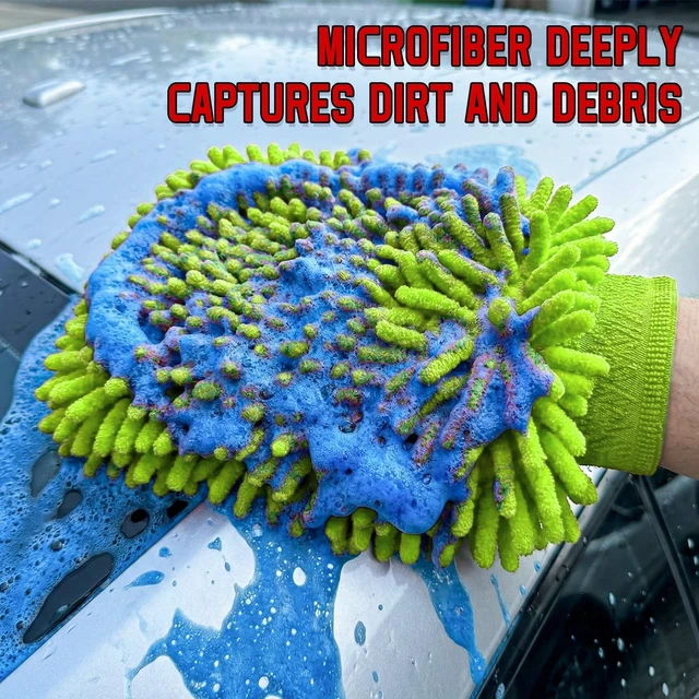 Alt view image 6 of 6 - Car Wash Mitt, Scratch-Free & Lint-Free Chenille Microfiber Wash Mitts, Highly Absorbent Double-Sided Glove for Auto Washing and Detailing, Universal Car Accessories (Fluorescent Green)
