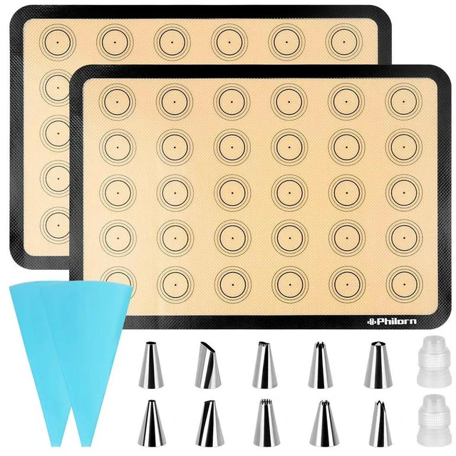 Main image of Silicone Baking Mat Set, 16.5" x 11.42" Macaron Mat | 2 Pack Non-Stick Macaron Baking Mats With Tools, Food Safe, Reusable for Oven, Cookie, Bread