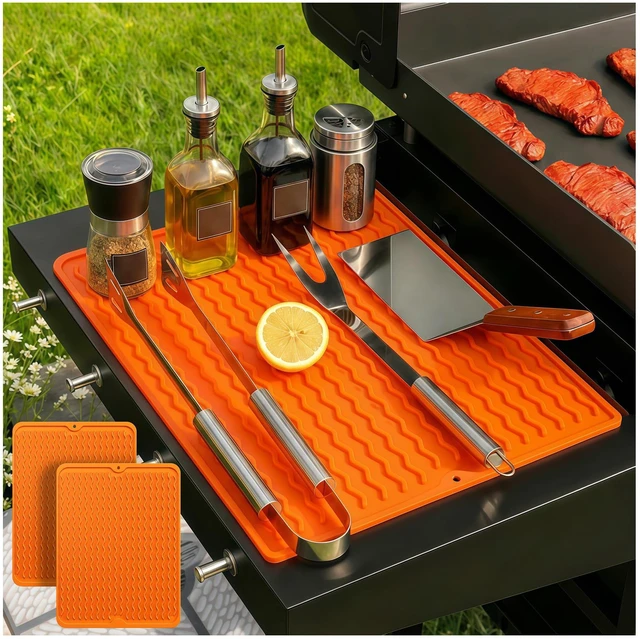 Main image of 2PCS Caketime Silicone Grill Mats Compatible with Blackstone Griddle Flat Top Accessories Kitchen Countertop Outdoor Patio Tools Summer Camping Lawn Gadgets Father Dad Chef Men Gifts(Orange)