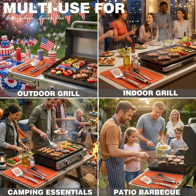 Alt view image 3 of 6 - 2PCS Caketime Silicone Grill Mats Compatible with Blackstone Griddle Flat Top Accessories Kitchen Countertop Outdoor Patio Tools Summer Camping Lawn Gadgets Father Dad Chef Men Gifts(Orange)