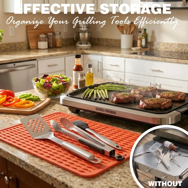 Alt view image 5 of 6 - 2PCS Caketime Silicone Grill Mats Compatible with Blackstone Griddle Flat Top Accessories Kitchen Countertop Outdoor Patio Tools Summer Camping Lawn Gadgets Father Dad Chef Men Gifts(Orange)