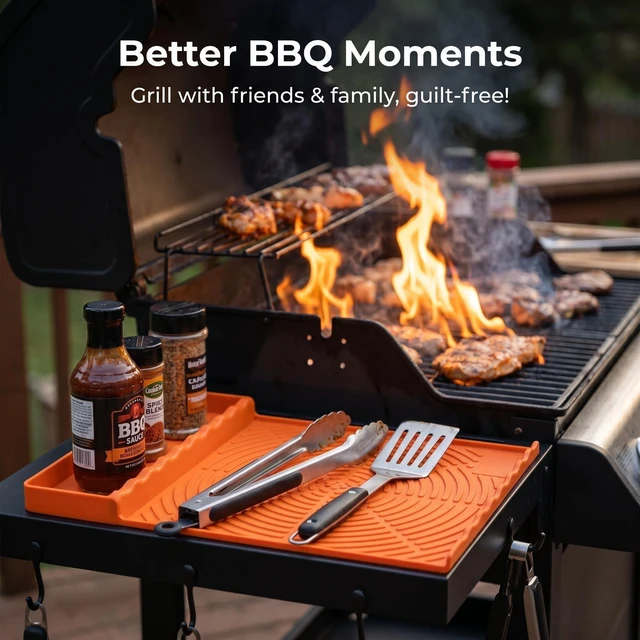 Alt view image 2 of 7 - Silicone Grill Mat for Blackstone and More Orange | Outdoor Kitchen Countertop Heat Resistant Accessories Tool Mat with Drip Pad Gifts for Men