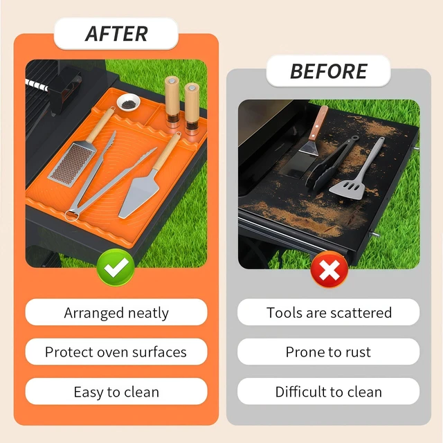 Alt view image 6 of 7 - Silicone Grill Mat for Blackstone and More Orange | Outdoor Kitchen Countertop Heat Resistant Accessories Tool Mat with Drip Pad Gifts for Men