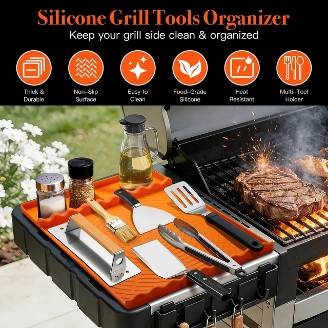 Alt view image 4 of 7 - Silicone Grill Mat for Blackstone Griddle Accessories (Orange) | Griddle Tools Side Mat with Drip Pad, Protects Countertops for BBQ Griddles, Heat Resistant Grill Accessories, Gift for men