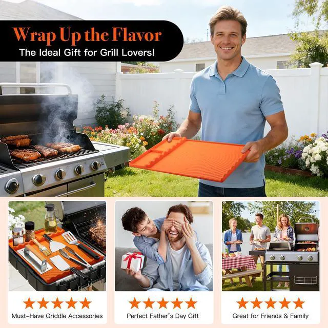 Alt view image 7 of 7 - Silicone Grill Mat for Blackstone Griddle Accessories (Orange) | Griddle Tools Side Mat with Drip Pad, Protects Countertops for BBQ Griddles, Heat Resistant Grill Accessories, Gift for men
