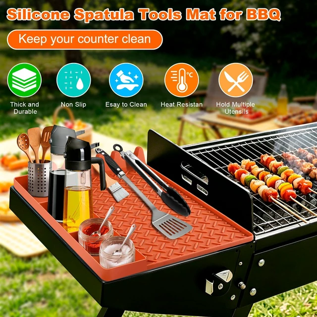 Alt view image 2 of 7 - Silicone Grill Tool Mat for Blackstone, BBQ Griddle Mat with Drip Pad, Side Mats for Blackstone Griddle Accessories, Heat Resistant Spatula Mats for Outdoor Kitchen Counter, Gifts for Men (Orange)