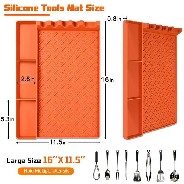 Alt view image 3 of 7 - Silicone Grill Tool Mat for Blackstone, BBQ Griddle Mat with Drip Pad, Side Mats for Blackstone Griddle Accessories, Heat Resistant Spatula Mats for Outdoor Kitchen Counter, Gifts for Men (Orange)