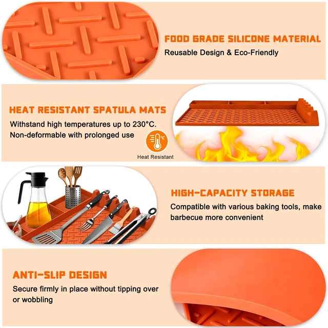 Alt view image 4 of 7 - Silicone Grill Tool Mat for Blackstone, BBQ Griddle Mat with Drip Pad, Side Mats for Blackstone Griddle Accessories, Heat Resistant Spatula Mats for Outdoor Kitchen Counter, Gifts for Men (Orange)