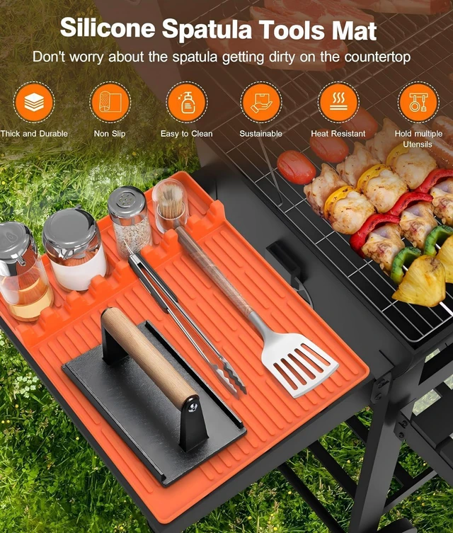 Alt view image 2 of 7 - Silicone Grill Mat for Blackstone Griddle Accessories, 8-Slot Tool Mat | Heat Resistant Spatula Rest with Drip Pad, Protects Side Shelves for BBQ Griddles, Outdoor Kitchens, Gifts for Men