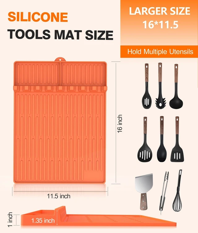 Alt view image 3 of 7 - Silicone Grill Mat for Blackstone Griddle Accessories, 8-Slot Tool Mat | Heat Resistant Spatula Rest with Drip Pad, Protects Side Shelves for BBQ Griddles, Outdoor Kitchens, Gifts for Men