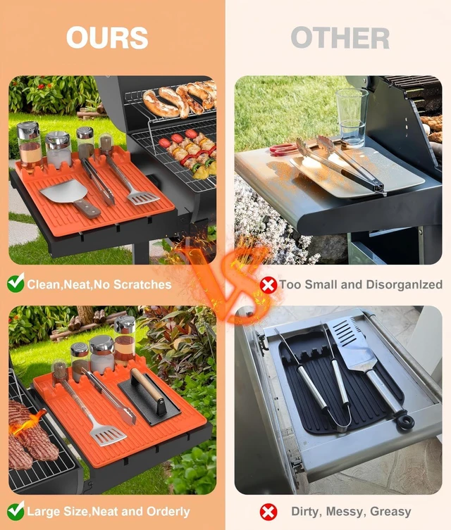 Alt view image 4 of 7 - Silicone Grill Mat for Blackstone Griddle Accessories, 8-Slot Tool Mat | Heat Resistant Spatula Rest with Drip Pad, Protects Side Shelves for BBQ Griddles, Outdoor Kitchens, Gifts for Men
