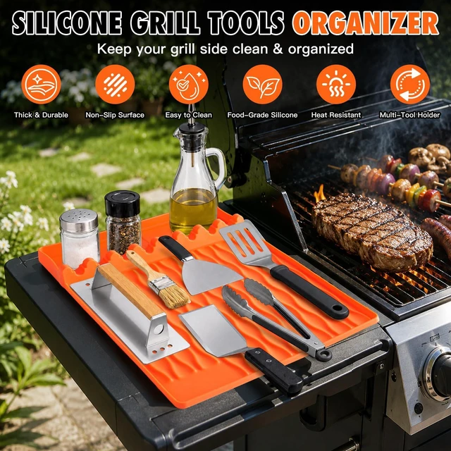Alt view image 3 of 7 - Silicone Grill Mat BBQ Griddle Tool Mat Heat Resistant Spatula Mat with Drip Pad Side Mat for Blackstone Griddles Accessories Outdoor Kitchen Grills Countertop Protector Organizer