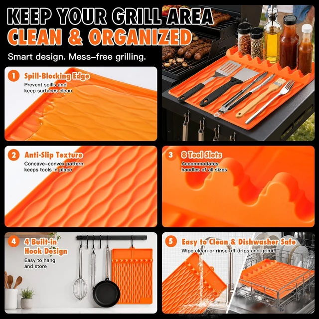 Alt view image 4 of 7 - Silicone Grill Mat BBQ Griddle Tool Mat Heat Resistant Spatula Mat with Drip Pad Side Mat for Blackstone Griddles Accessories Outdoor Kitchen Grills Countertop Protector Organizer