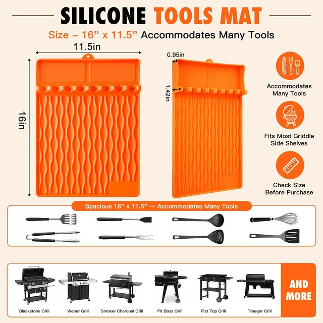 Alt view image 5 of 7 - Silicone Grill Mat BBQ Griddle Tool Mat Heat Resistant Spatula Mat with Drip Pad Side Mat for Blackstone Griddles Accessories Outdoor Kitchen Grills Countertop Protector Organizer