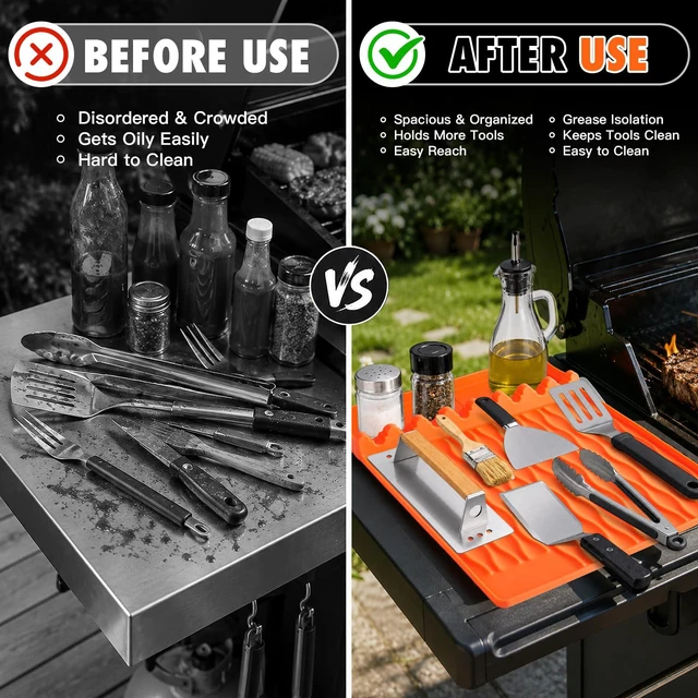 Alt view image 6 of 7 - Silicone Grill Mat BBQ Griddle Tool Mat Heat Resistant Spatula Mat with Drip Pad Side Mat for Blackstone Griddles Accessories Outdoor Kitchen Grills Countertop Protector Organizer
