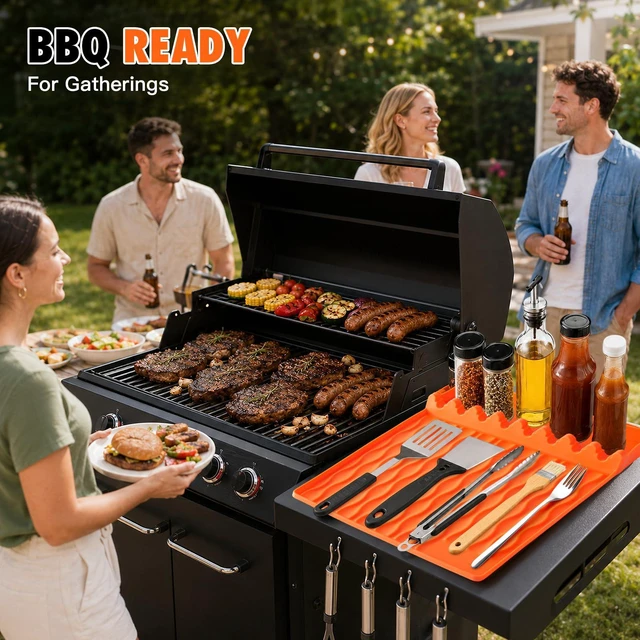 Alt view image 7 of 7 - Silicone Grill Mat BBQ Griddle Tool Mat Heat Resistant Spatula Mat with Drip Pad Side Mat for Blackstone Griddles Accessories Outdoor Kitchen Grills Countertop Protector Organizer