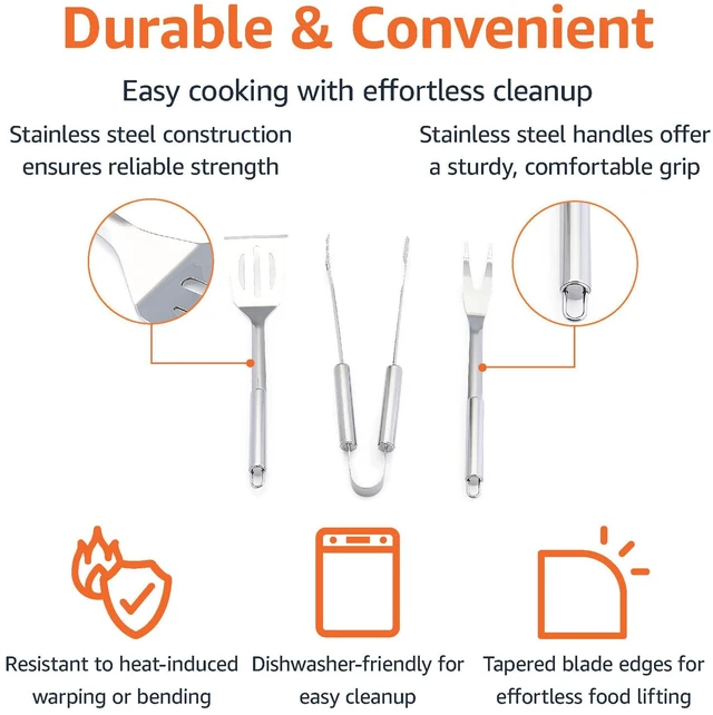Alt view image 3 of 6 - 4-Piece Stainless Steel BBQ Grilling Tool Set with Carry Bag, Rust-Resistant, Dishwasher Safe