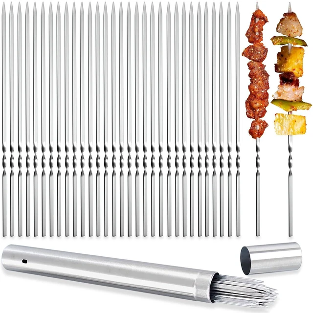 Main image of Metal Skewers for Grilling, 50 Pack 14.8" Kabob Skewers, Flat BBQ Barbecue Skewer, Reusable Grilling Skewers Set with Portable Storage Tube for Commercial and Home Use