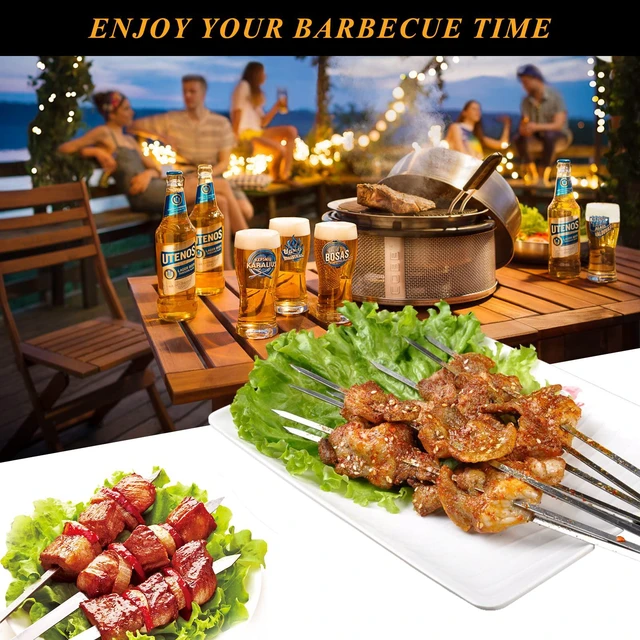 Alt view image 7 of 7 - Metal Skewers for Grilling, 50 Pack 14.8" Kabob Skewers, Flat BBQ Barbecue Skewer, Reusable Grilling Skewers Set with Portable Storage Tube for Commercial and Home Use
