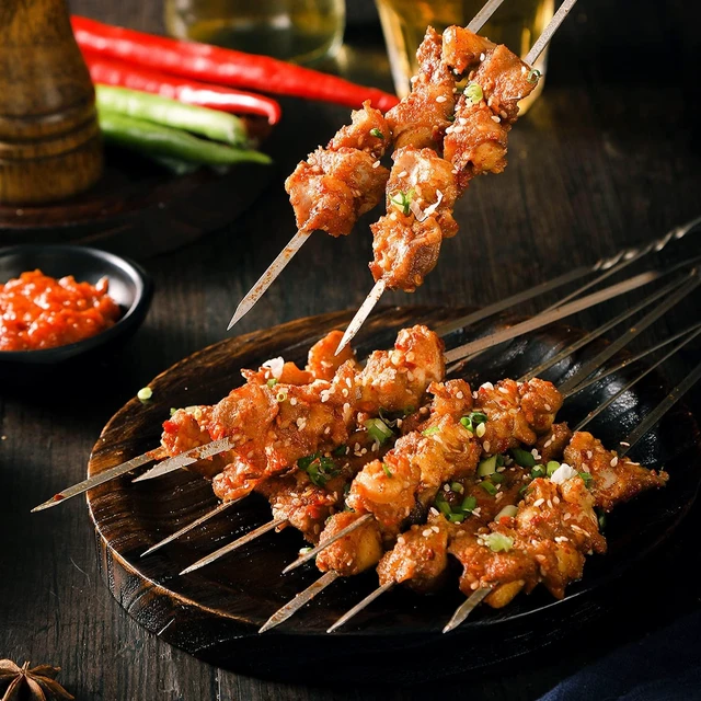 Alt view image 6 of 7 - Metal Skewers for Grilling, 50 Pack 14.8" Kabob Skewers, Flat BBQ Barbecue Skewer, Reusable Grilling Skewers Set with Portable Storage Tube for Commercial and Home Use