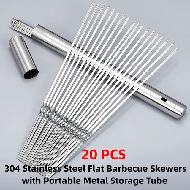 Alt view image 2 of 7 - 304 Stainless Steel Flat Skewers, BBQ Kebab Skewers 13.2" 20PCS | Flat & Wide No-Spin Design, Reusable Metal Skewers with Storage Tube for BBQ, Kabobs, Camping, Picnic and Outdoor Cooking Use