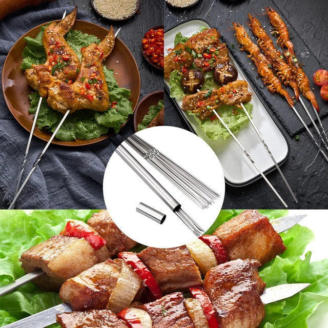 Alt view image 3 of 7 - 304 Stainless Steel Flat Skewers, BBQ Kebab Skewers 13.2" 20PCS | Flat & Wide No-Spin Design, Reusable Metal Skewers with Storage Tube for BBQ, Kabobs, Camping, Picnic and Outdoor Cooking Use
