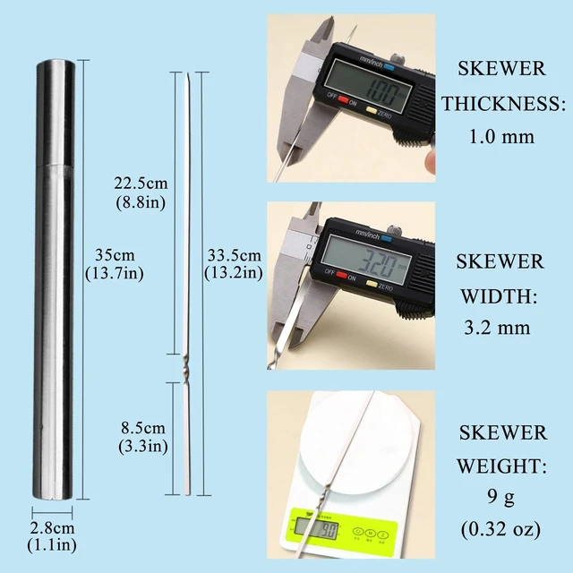 Alt view image 4 of 7 - 304 Stainless Steel Flat Skewers, BBQ Kebab Skewers 13.2" 20PCS | Flat & Wide No-Spin Design, Reusable Metal Skewers with Storage Tube for BBQ, Kabobs, Camping, Picnic and Outdoor Cooking Use