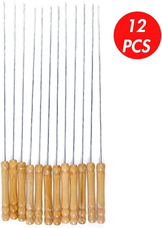 Alt view image 7 of 7 - 12 PCS Skewers for Grilling, Kabob Skewers with Wood Handle, Reusable BBQ Barbecue Sticks for Marshmallow, Hot Dog, Meat, Vegetable, Camping Cookware Grill Cooking, 11.7" (Including Handle)